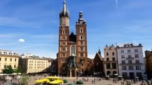 Main Square and St. Mary’s Basilica in Kraków, Poland